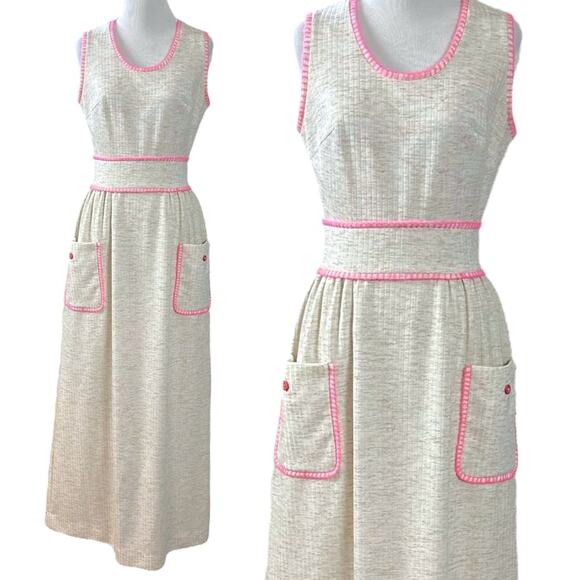 Vintage 60s 70s Shady Lane Sleeveless Cream Maxi Dress Spring Mod USA Size Small - Picture 1 of 10